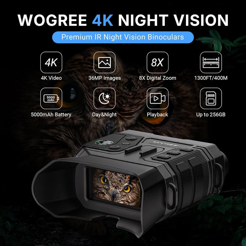 Worgree Night Vision Goggles, 4K Night Vision Binoculars for Adults, 36MP Photo, 5000mAh Rechargeable Battery, 1300FT Range, 8X Digital Zoom, Infrared Vision, 32GB SD, Flashlight & Compass for Camping - Image 2